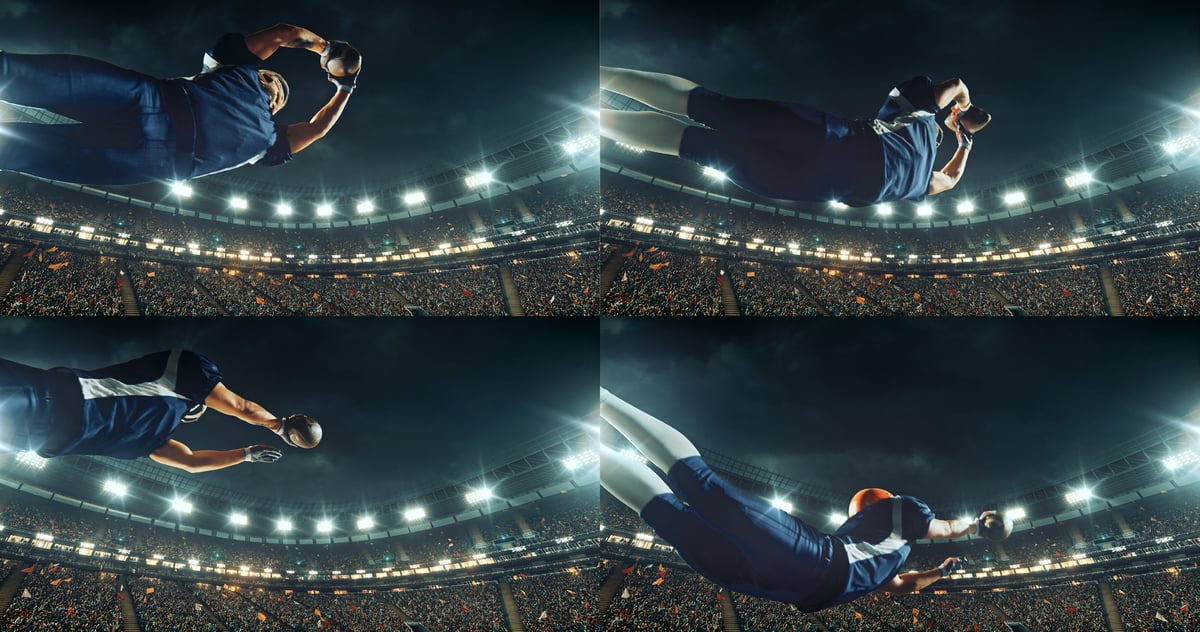 Football player jumping on a professional sports arena